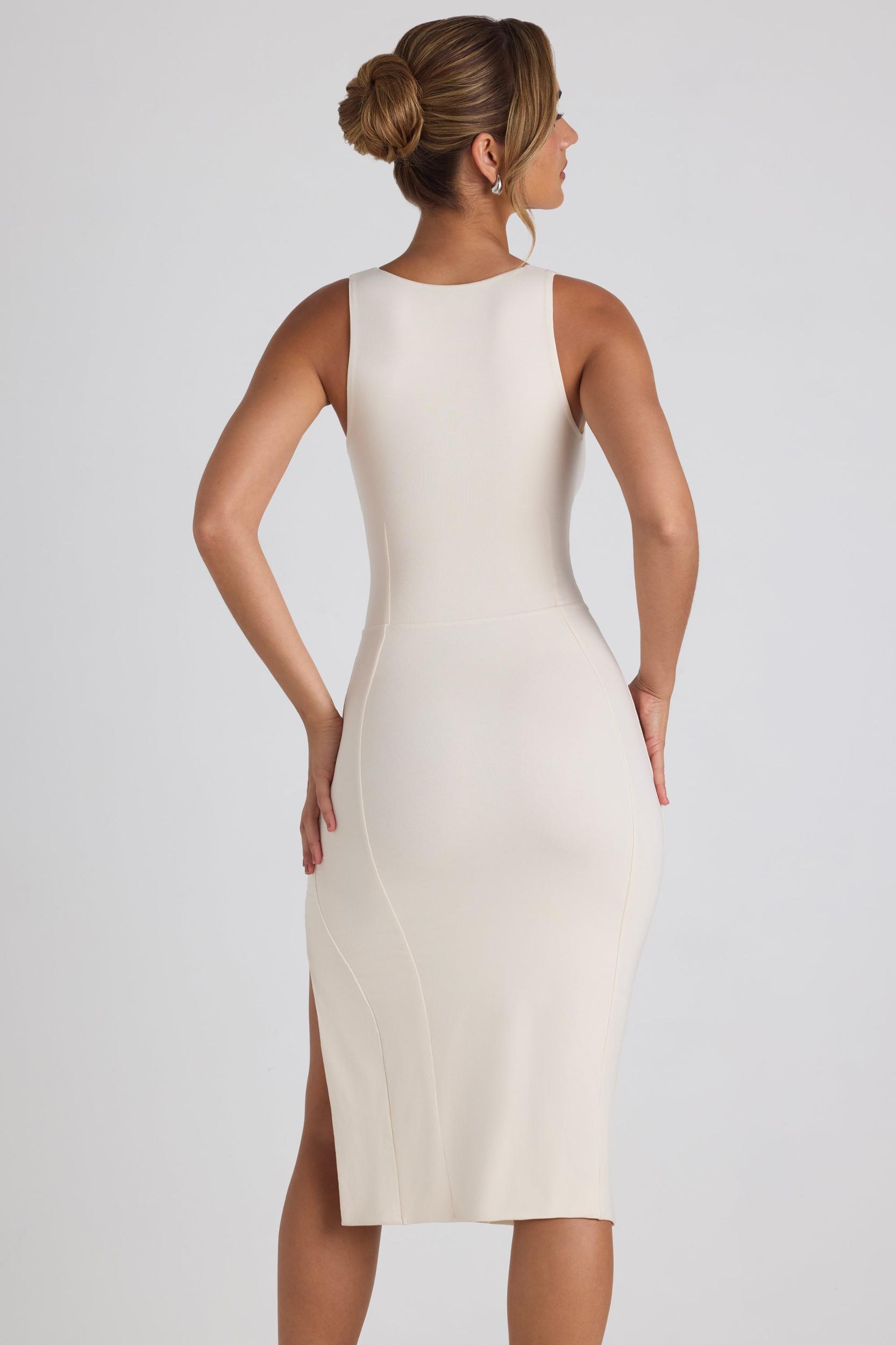 Modal Bow-Detail Sweetheart-Neck Midi Dress in Ivory Product Image