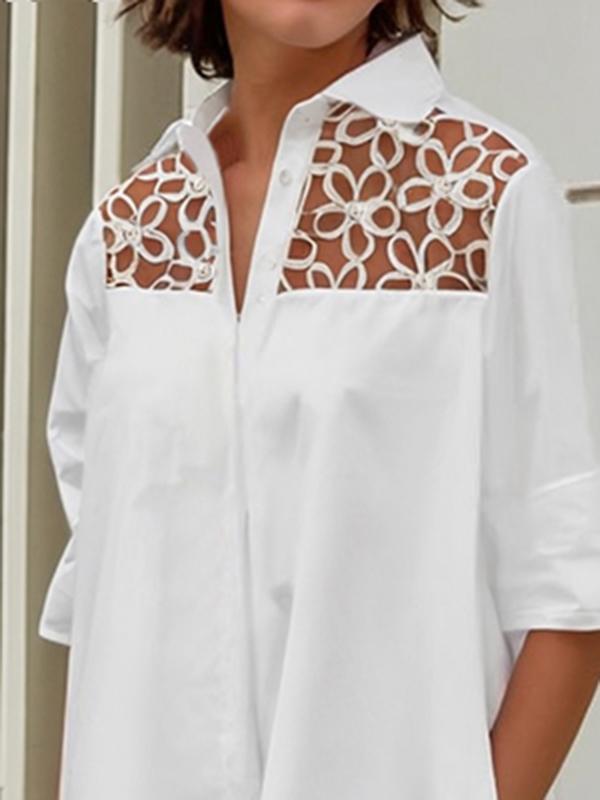 Long Sleeves Loose Gauze See-Through Solid Color Split-Joint Lapel Midi Dresses Shirt Dress Product Image