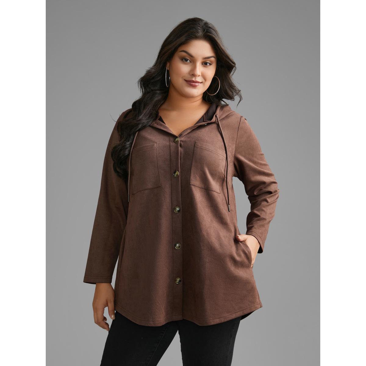 Plus Size Faux Suede Pocket Hooded Drawstring Jacket Women DarkBrown Drawstring Loose Side seam pocket Everyday Jackets BloomChic 14-16/1X Product Image
