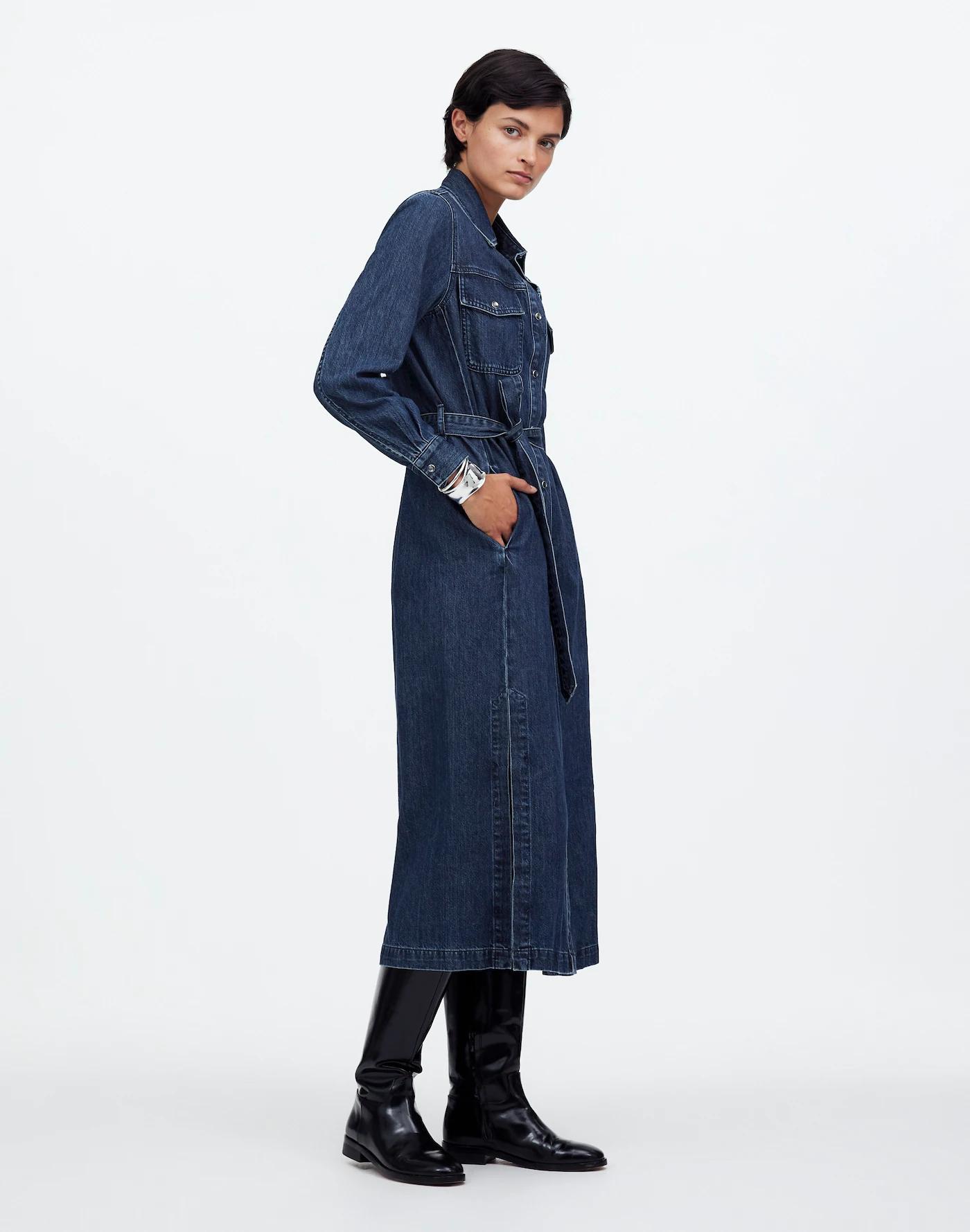 Denim Tie-Waist Midi Shirtdress in Avenida Wash Product Image