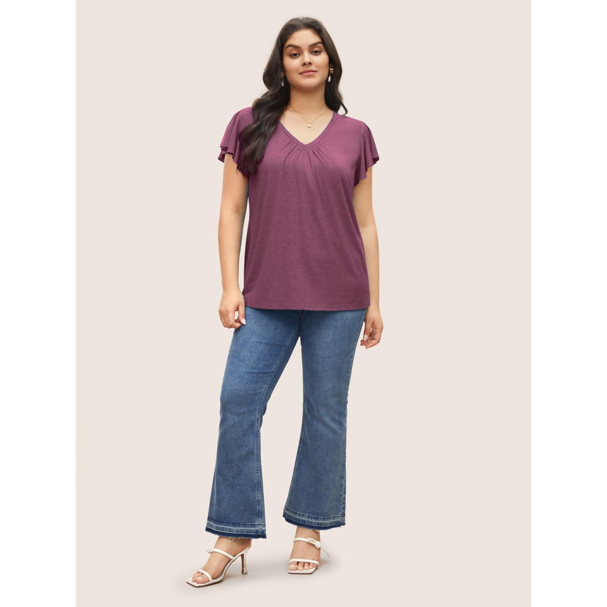 Plus Size Solid Heather Gathered Ruffle Sleeve T-shirt RedViolet Women Timeless Non V-neck Elegant T-shirts BloomChic 30/6X Product Image