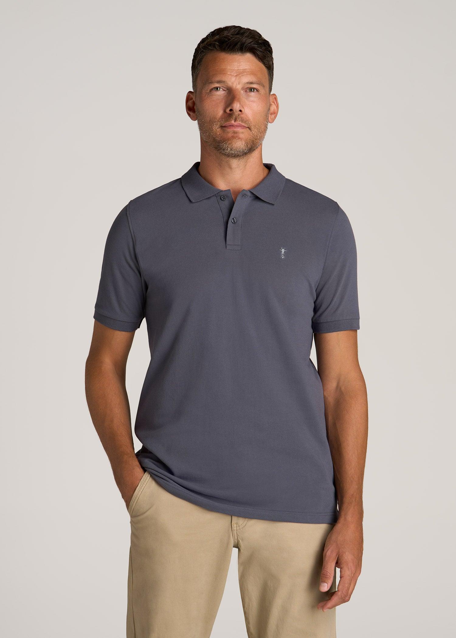 Classic Polo with Embroidered Logo for Tall Men in Grey Blue Male Product Image