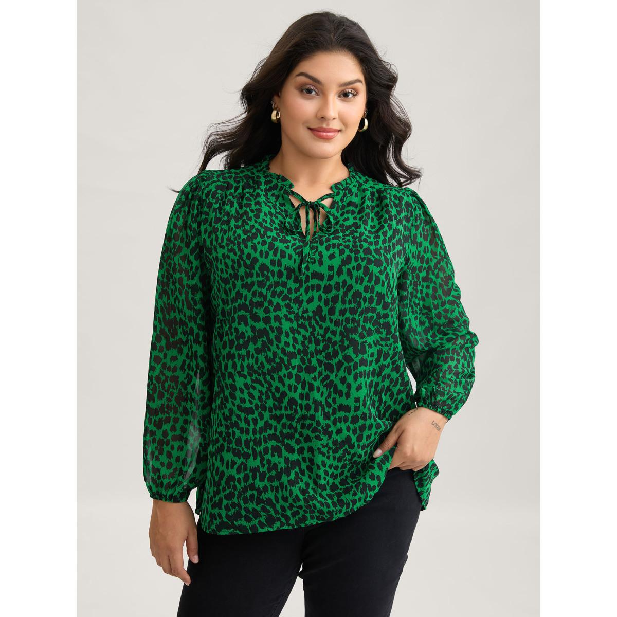 Plus Size DarkGreen Leopard Print Tie Knot Lantern Sleeve Blouse Women Romantic Long Sleeve V-neck Elegant Blouses BloomChic 30/6X Product Image