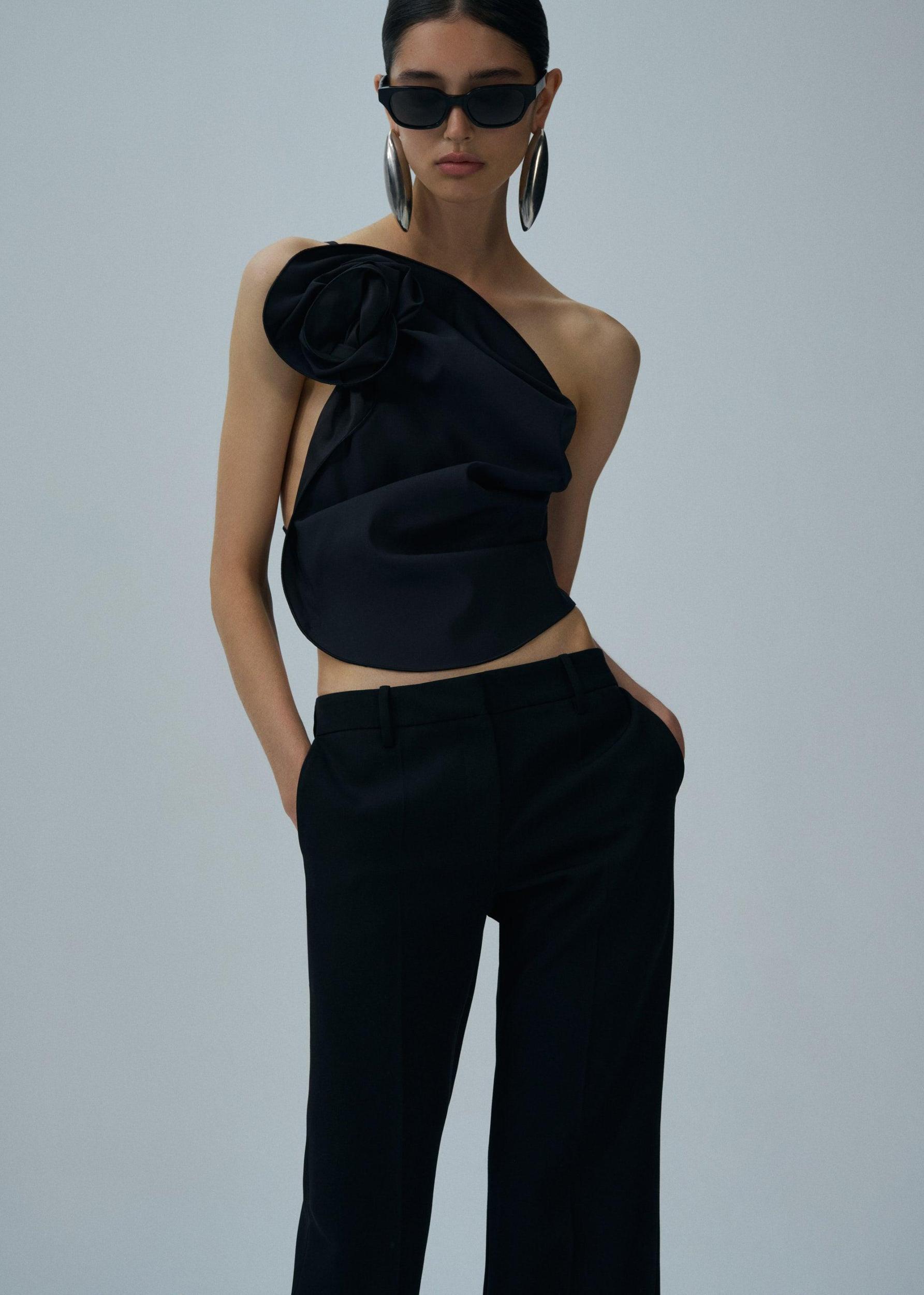 One shoulder draped top in black Product Image