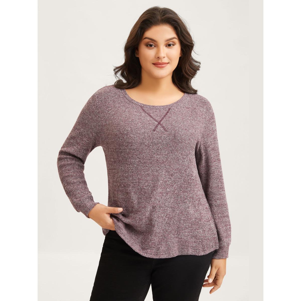 Plus Size Solid Heather Round Neck Stitch Sweatshirt Women Deepred Leisure Topstitching Round Neck Casual Sweatshirts BloomChic 28/5X Product Image