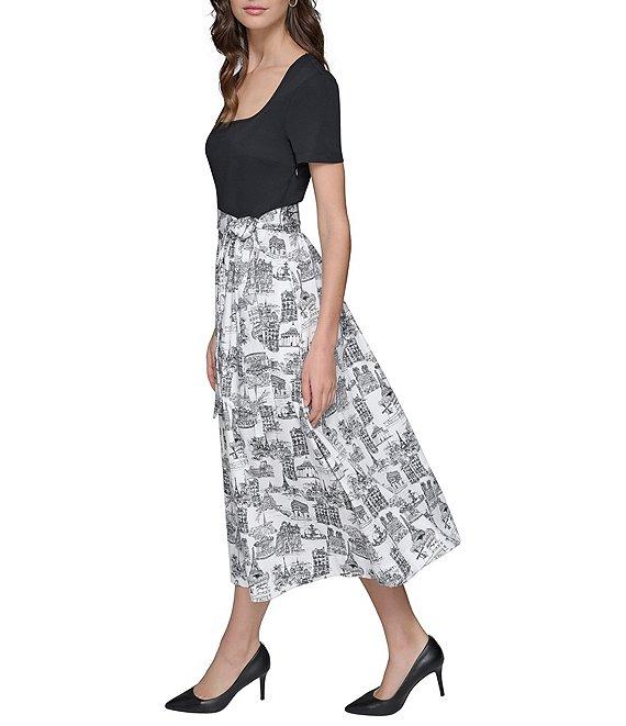 KARL LAGERFELD PARIS Mix Media Printed Square Neck Short Sleeve Waist Tie A-Line Midi Dress Product Image