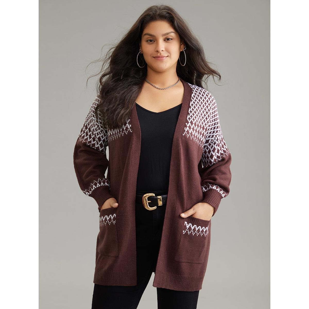 Plus Size Geometric Contrast Patched Pocket Jacquard Cardigan DarkBrown Women Casual Loose Long Sleeve Dailywear Cardigans BloomChic 10/M Product Image