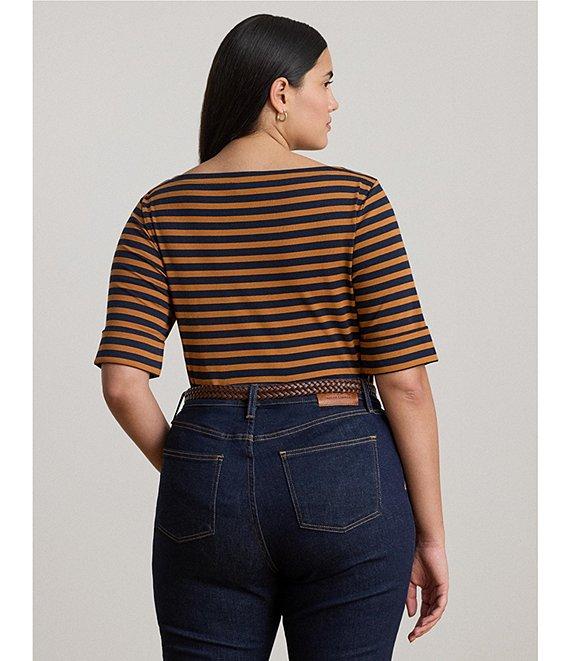Lauren Ralph Lauren Plus Size Stretch Cotton Striped Boat Neck Elbow Sleeve Tee Product Image