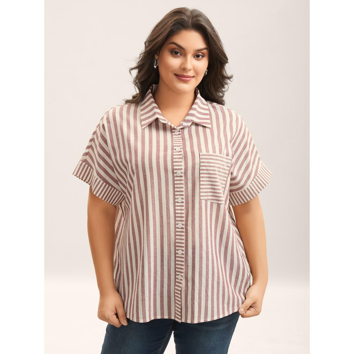 Plus Size Russet Cotton Striped Dolman Sleeve Blouse Women Office Short sleeve Shirt collar Office Blouses BloomChic 22-24/3X Product Image