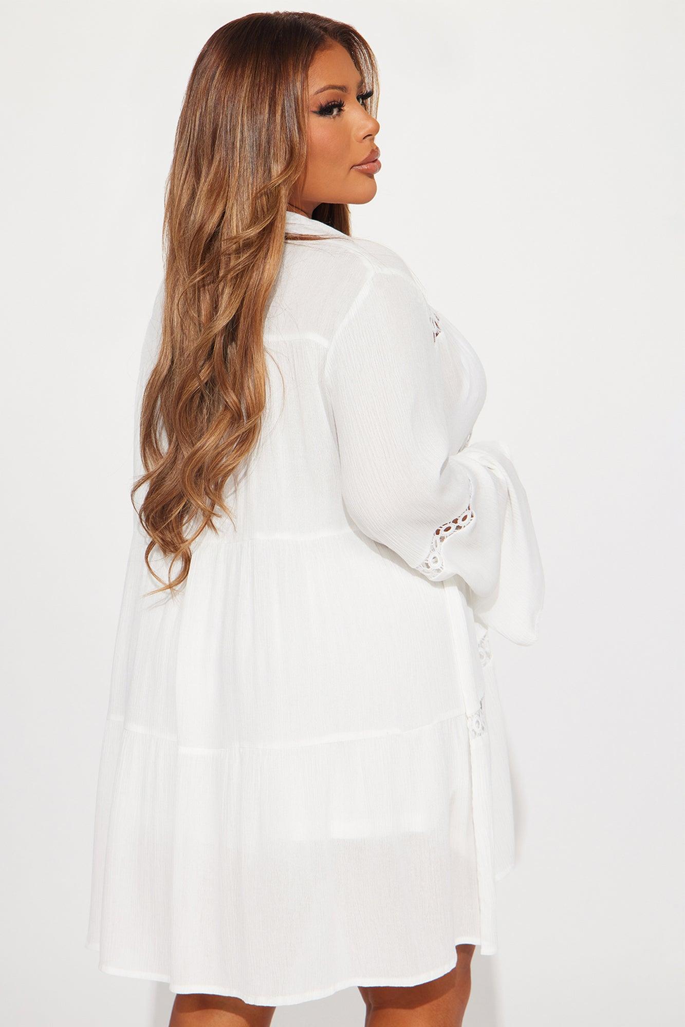 Breezy Paradise Linen Circle Cover Up Shirt Dress - White Product Image