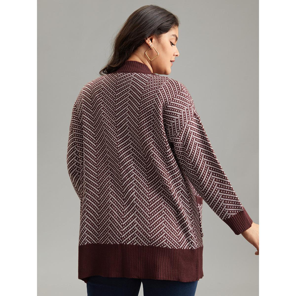 Plus Size Jacquard Open Front Pocket Loose Cardigan Maroon Women Casual Loose Long Sleeve Dailywear Cardigans BloomChic 26/4X Product Image