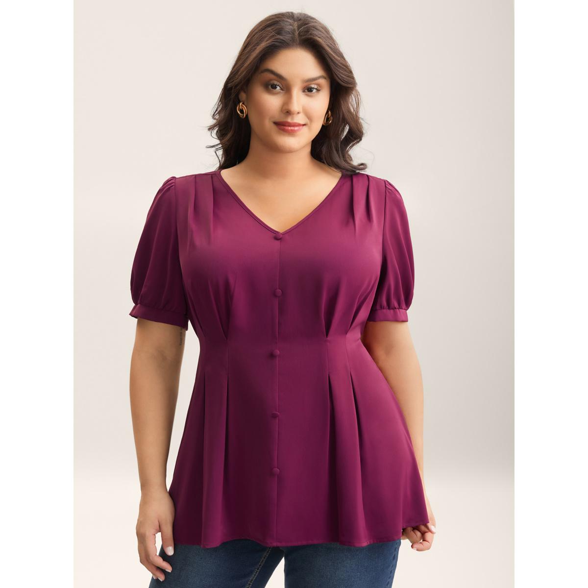 Plus Size Plum Button Detail Waist-Cinched A Line Blouse Women At the Office Short sleeve V-neck Work Blouses BloomChic 14-16/1X Product Image