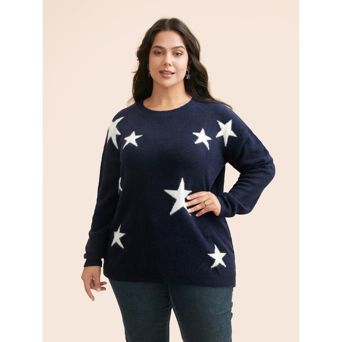 Plus Size Star Jacquard Crew Neck Pullover Indigo Women Casual Loose Long Sleeve Round Neck Everyday Pullovers BloomChic 18-20/2X Product Image