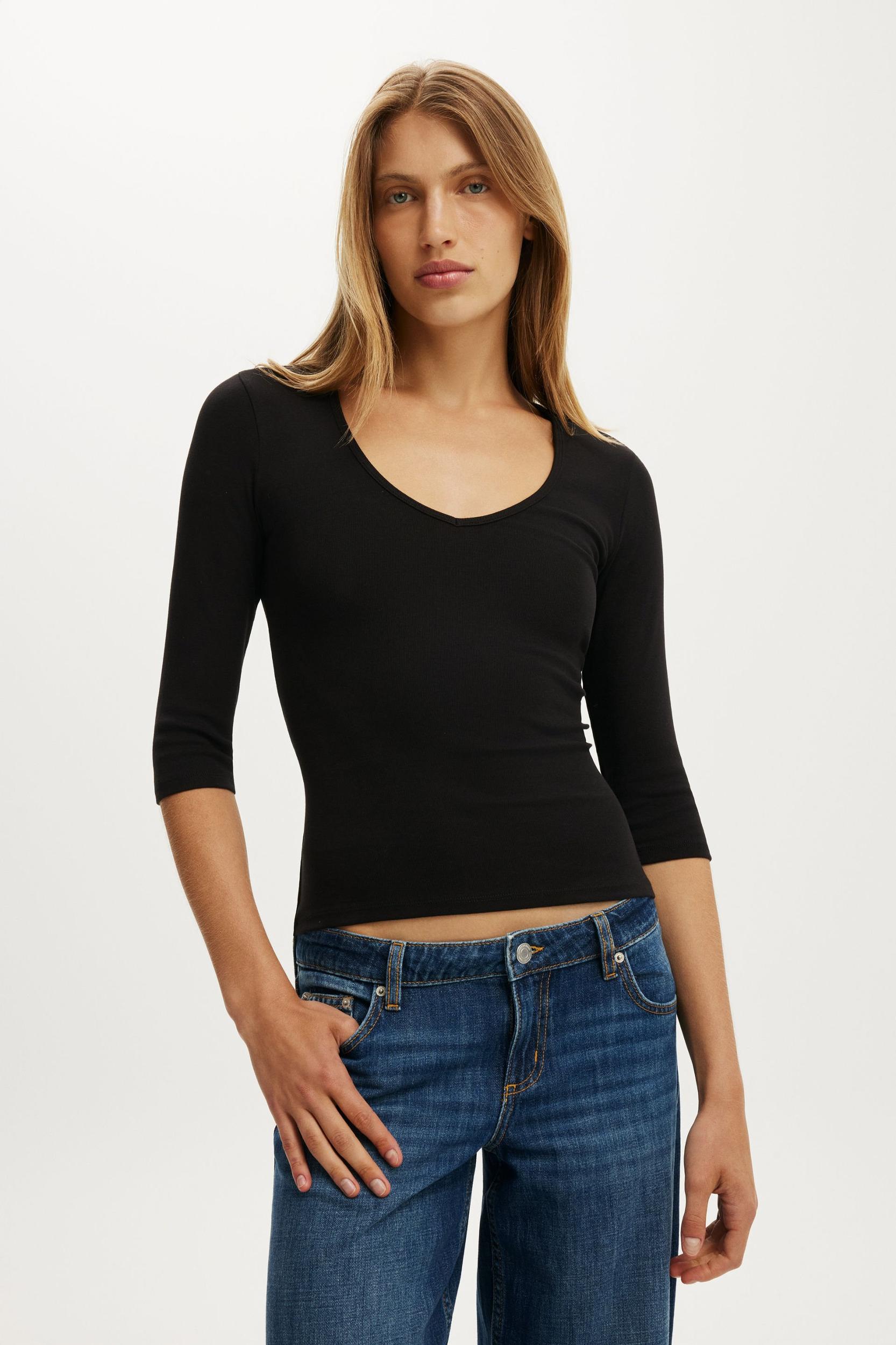 Fine Rib 3/4 Sleeve V Neck Product Image