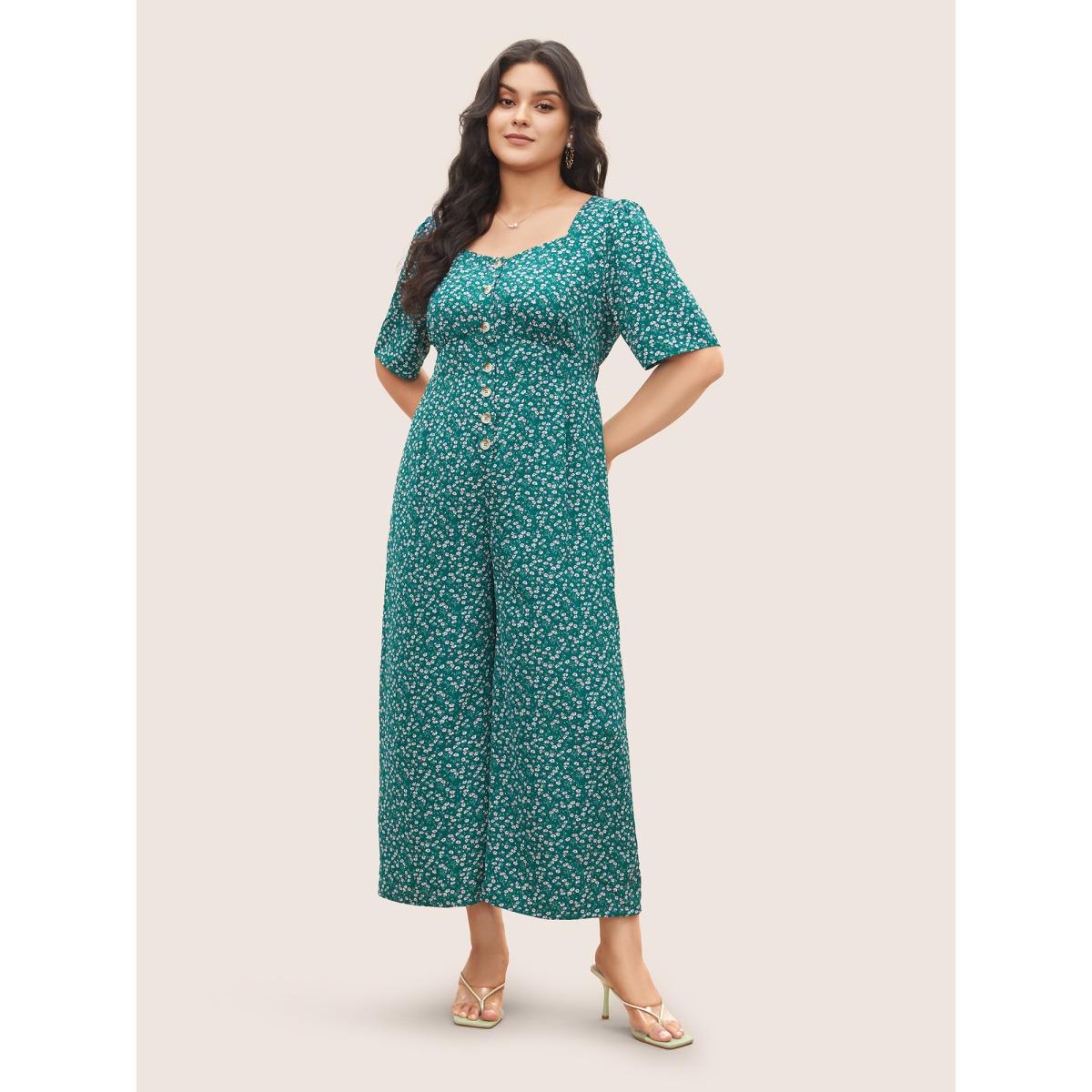 Plus Size DarkGreen Ditsy Floral Button Detail Square Neck Jumpsuit Women Elegant Short sleeve Square Neck Everyday Loose Jumpsuits BloomChic 22-24/3X Product Image