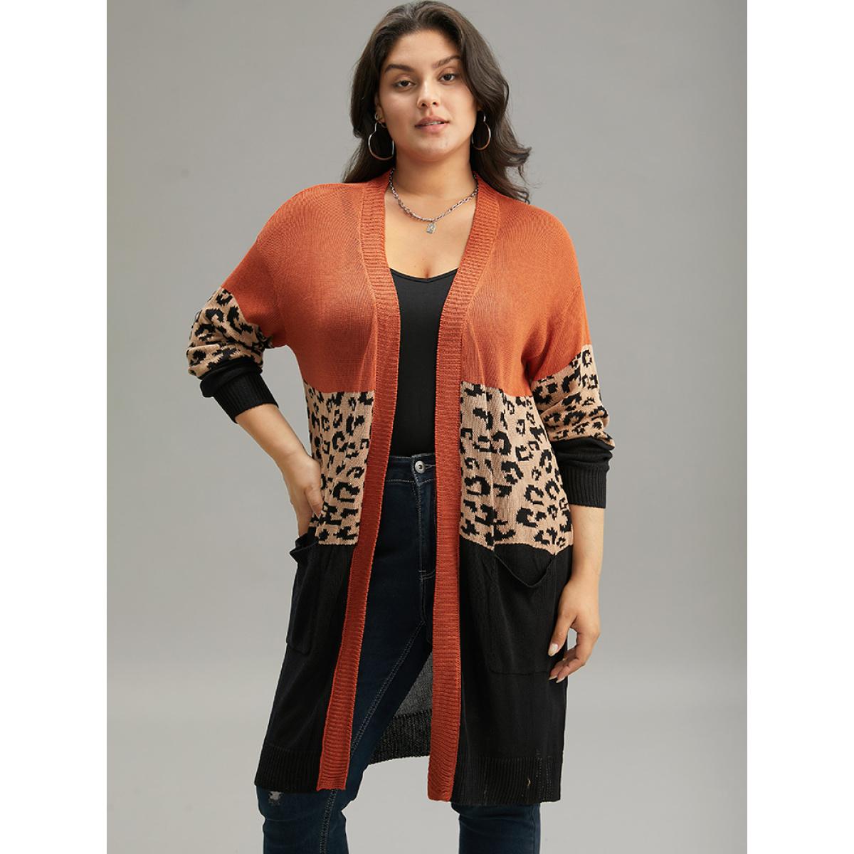Plus Size Leopard Colorblock Patchwork Patched Pocket Cardigan Multicolor Women Casual Loose Long Sleeve Dailywear Cardigans BloomChic 28/5X Product Image