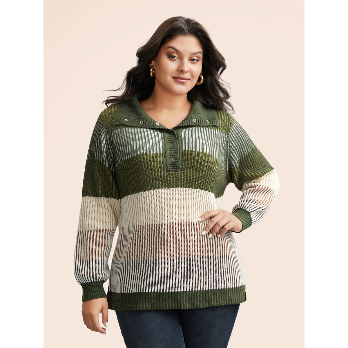 Plus Size Polo Neck Texture Contrast Button Up Pullover ArmyGreen Women Casual Loose Long Sleeve Polo Everyday Pullovers BloomChic 26/4X Product Image