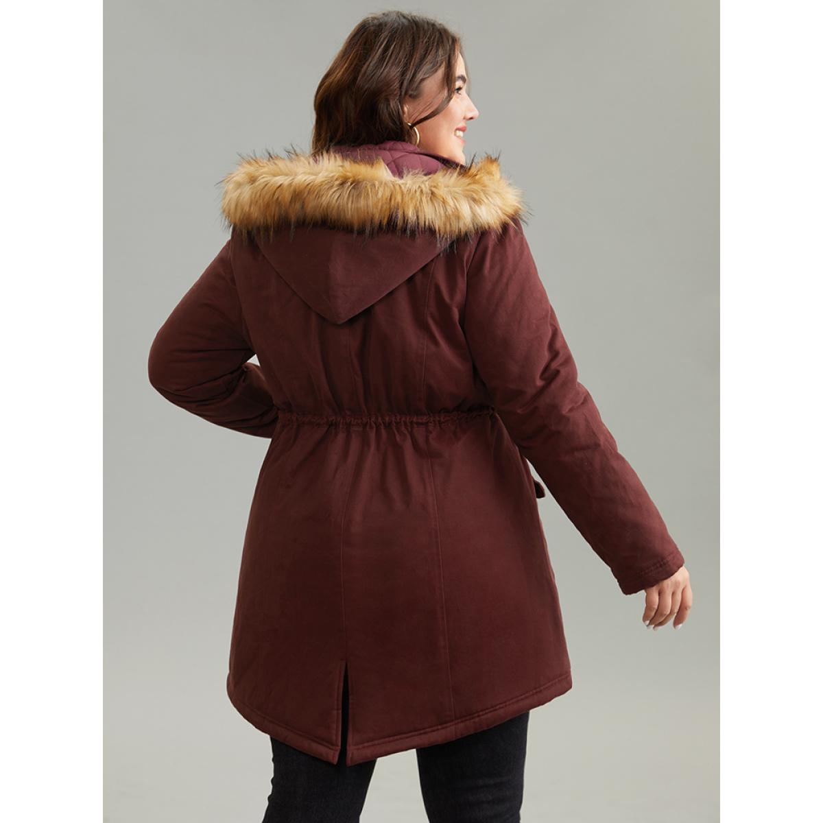Plus Size Contrast Hooded Fuzzy Trim Drawstring Padded Coat Women Maroon Casual Lined Ladies Dailywear Winter Coats BloomChic 14-16/1X Product Image