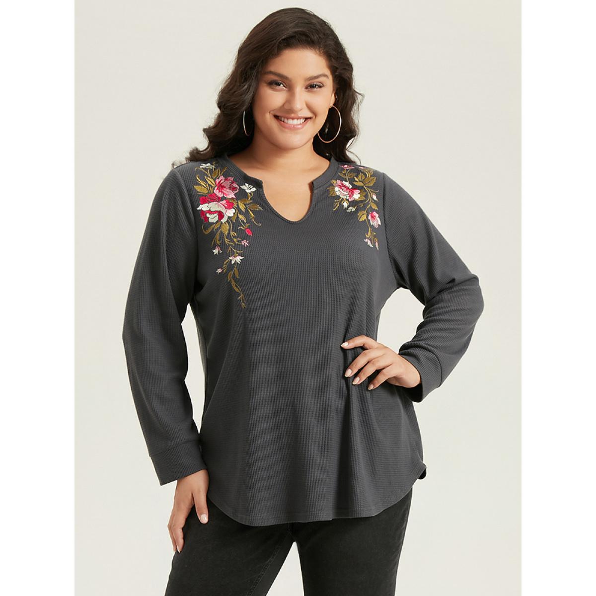 Plus Size Floral Embroidered Notched Arc Hem Sweatshirt Women DimGray Casual Embroidered Notched collar Dailywear Sweatshirts BloomChic 28/5X Product Image