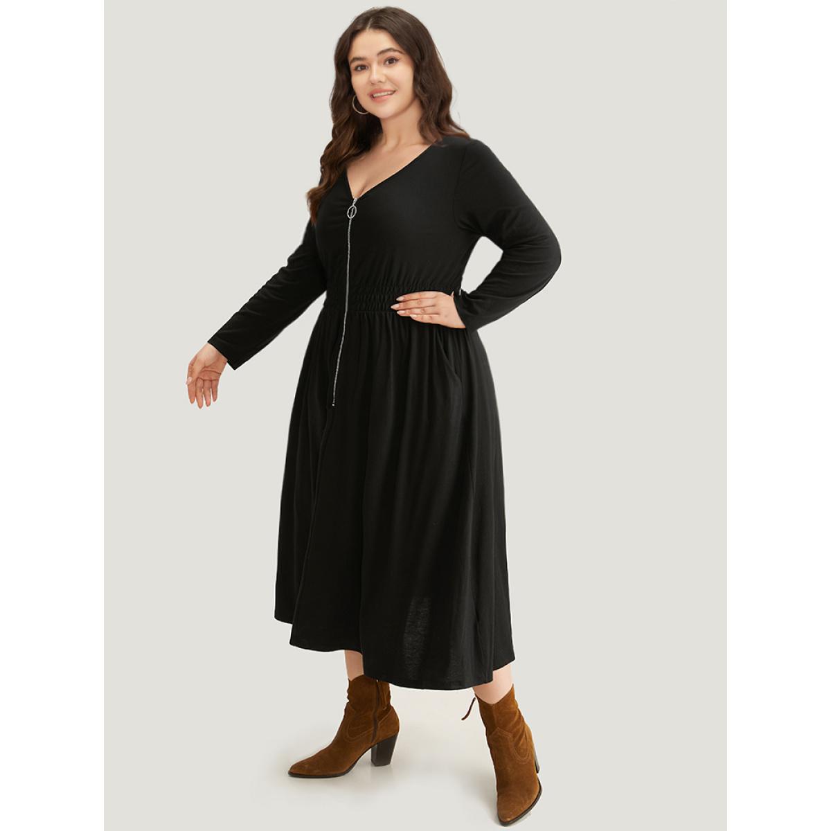 Plus Size Supersoft Essentials Solid Pocket Zipper Shirre Dress Black Women Basics Plain V-neck Long Sleeve Curvy Midi Dress BloomChic 10/M Product Image