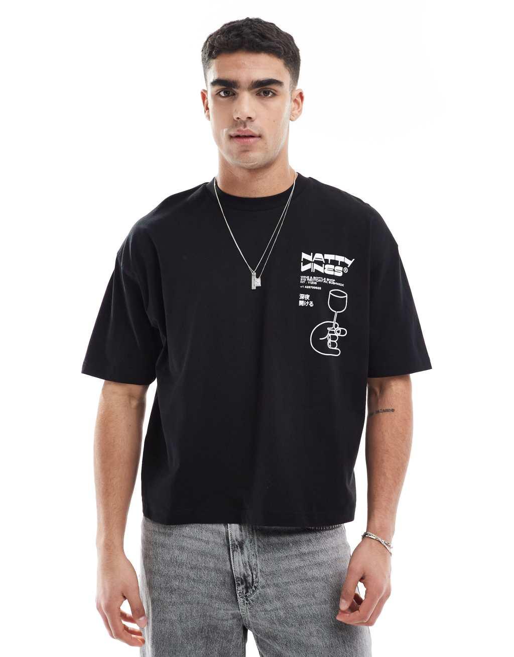 ASOS DESIGN boxy oversized t-shirt with drinks graphic in black Product Image