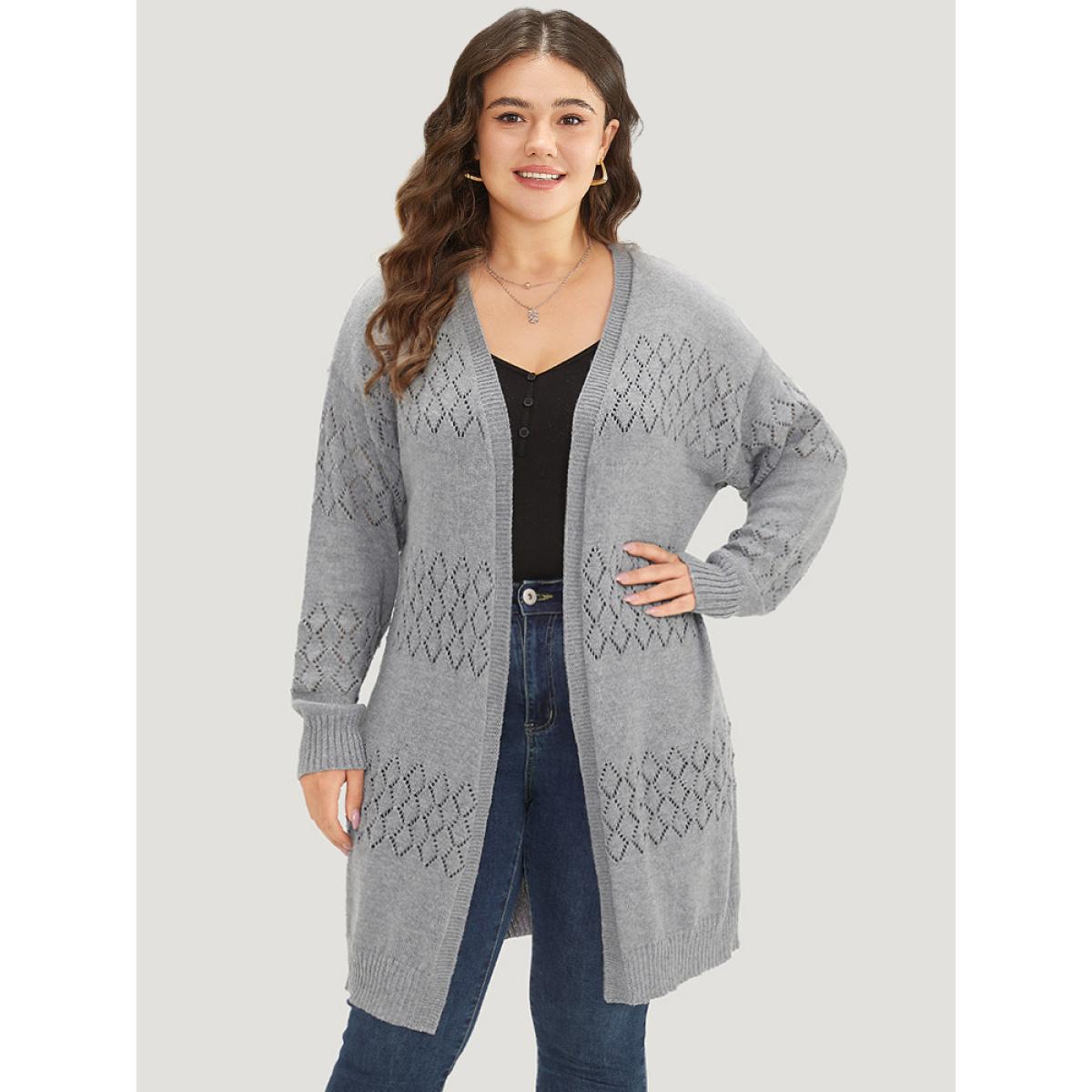 Plus Size Geometric Eyelet Elastic Cuffs Tunic Cardigan DarkGray Women Casual Loose Long Sleeve Dailywear Cardigans BloomChic 26/4X Product Image