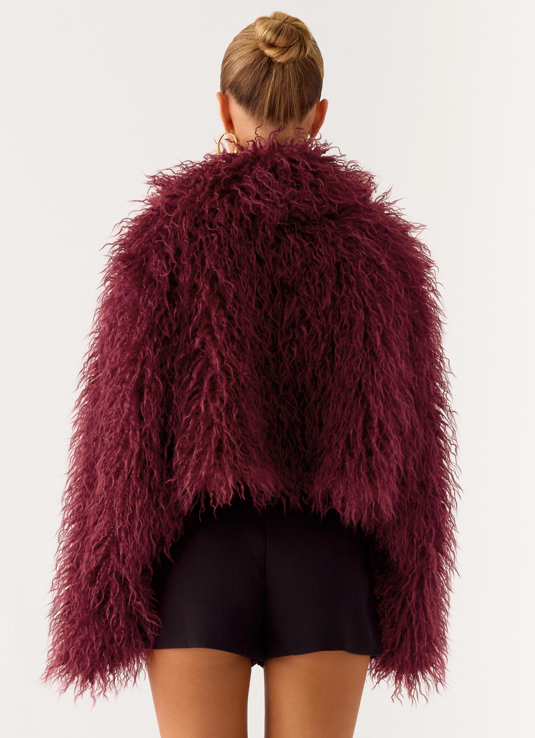 Virginia Cropped Faux Fur Jacket - Maroon Product Image