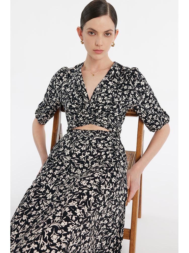 Iris Print V-Neck Tied Women Midi Dress Product Image