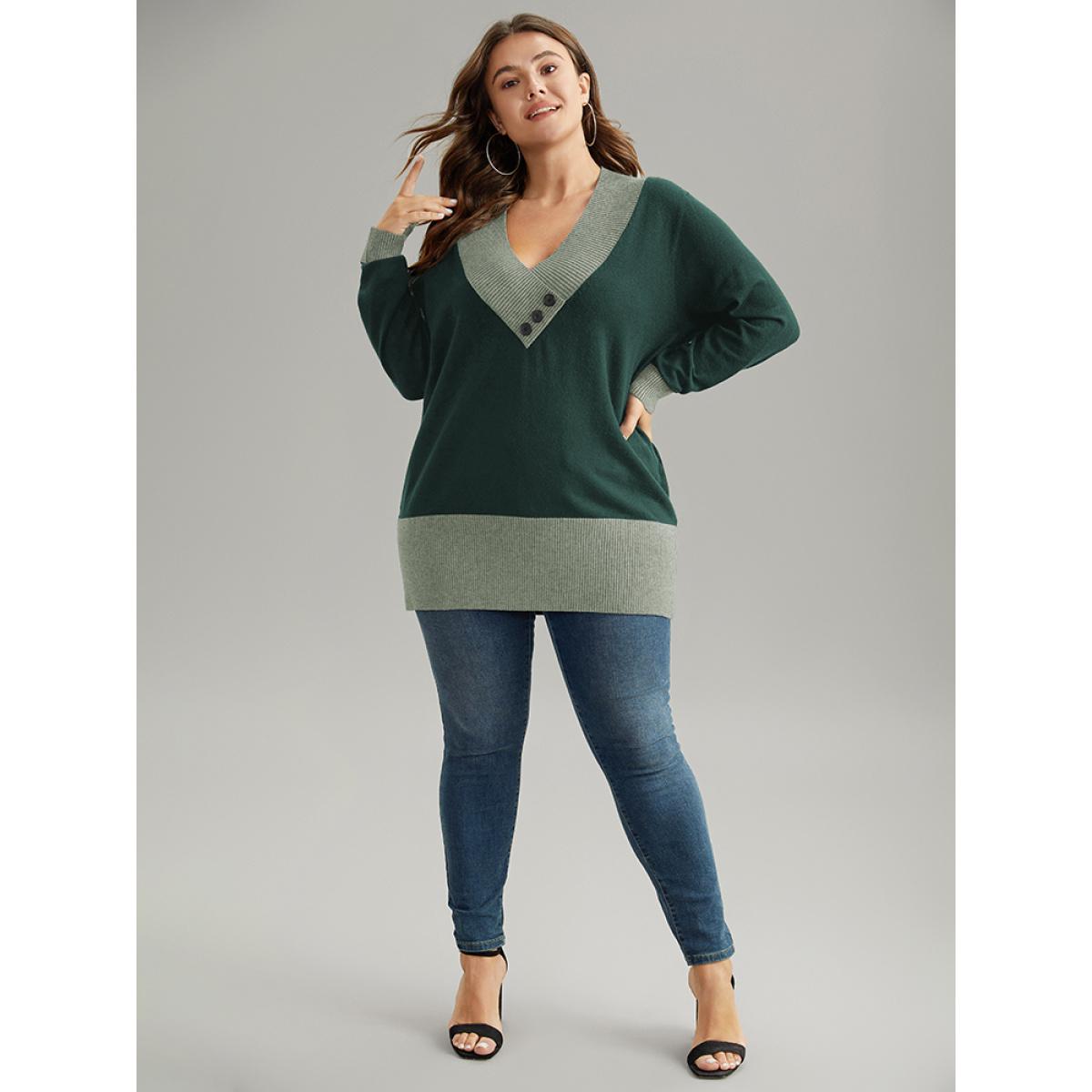 Plus Size Supersoft Essentials Contrast Deep V Neck Button Detail Pullover DarkGreen Women Casual Long Sleeve Deep V-neck Everyday Pullovers BloomChic 10/M Product Image