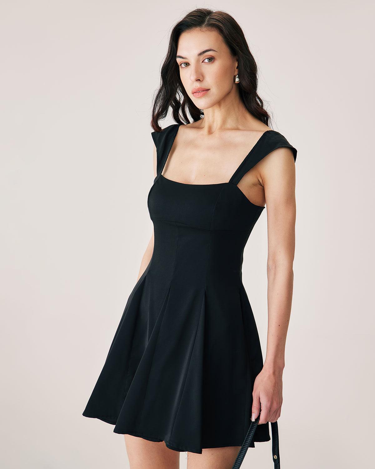 Black Square Neck Pleated Mini Dress Product Image