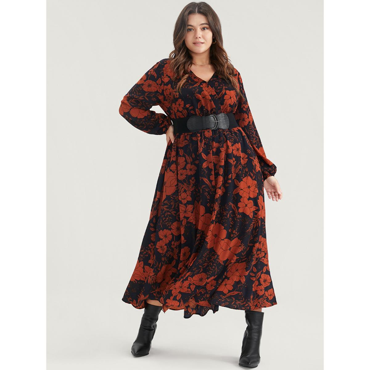 Plus Size Floral Print Pocket Wrap Lantern Sleeve Split Hem Dress Navy Women Elegant Pocket V-neck Long Sleeve Curvy Midi Dress BloomChic 10/M Product Image