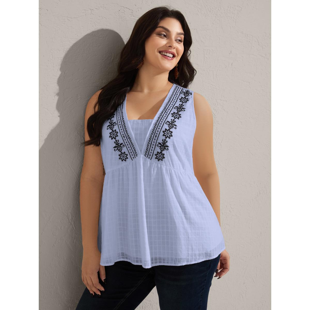 Plus Size Pure Cotton Jacquard Embroidered Tank Top Women Yellowishbrown Boho Texture Square Neck Vacation Tank Tops Camis BloomChic 10/M Product Image