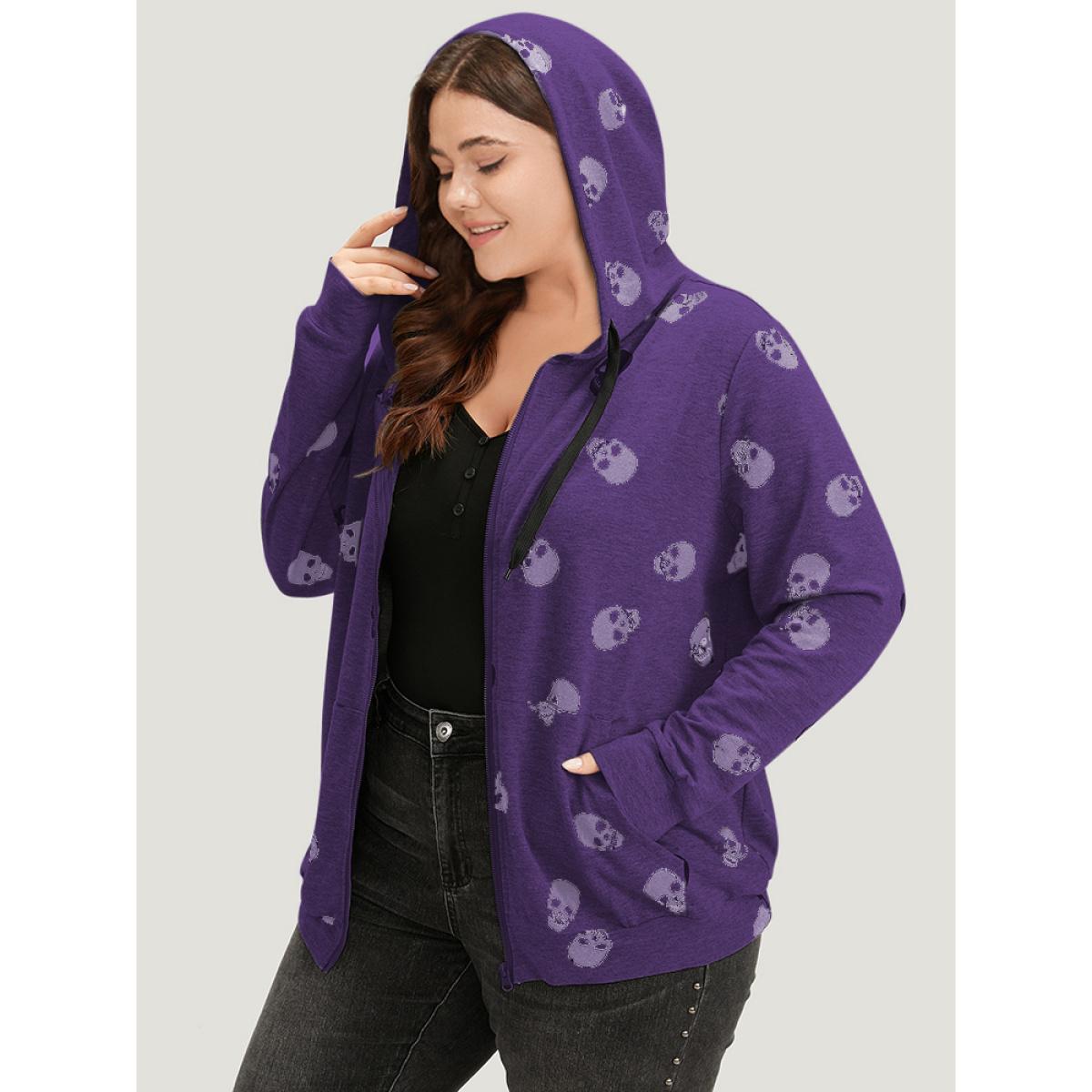 Plus Size Halloween Skull Print Pocket Zipper Hooded Sweatshirt Women Purple Casual Elastic cuffs Hooded Festival-Halloween Sweatshirts BloomChic 30/6X Product Image