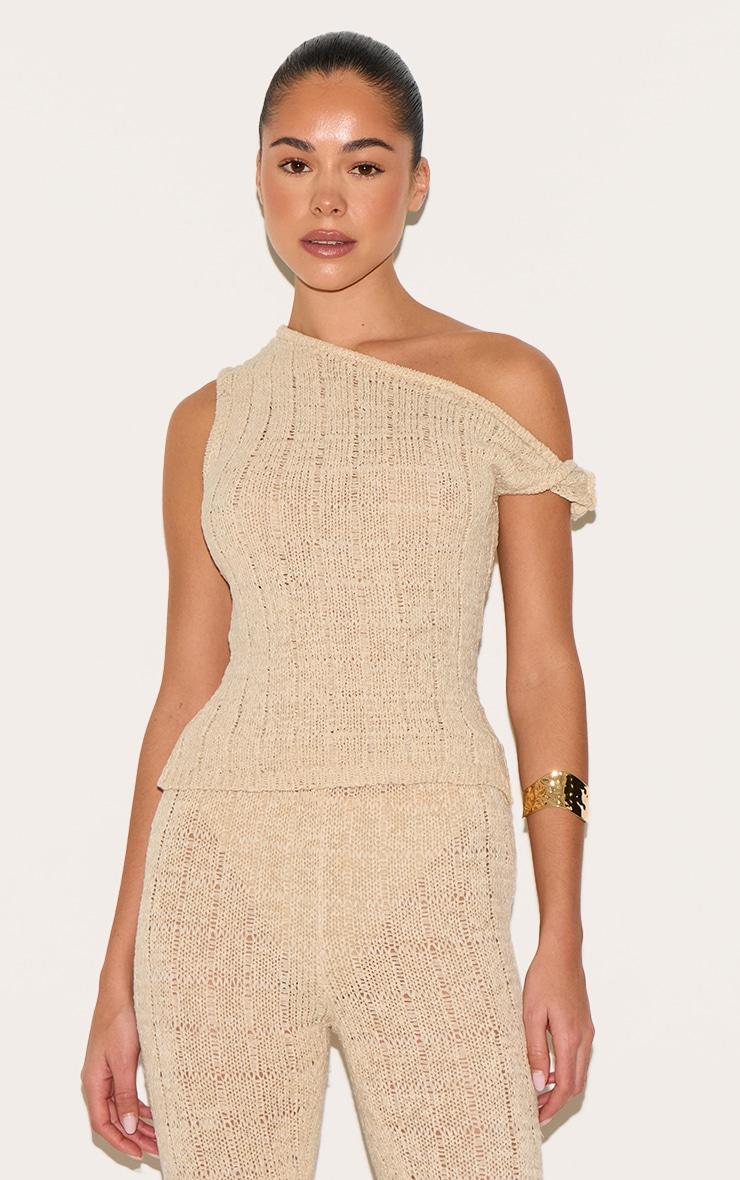 Oatmeal Textured Filigree Knit Wide Leg Pants Product Image