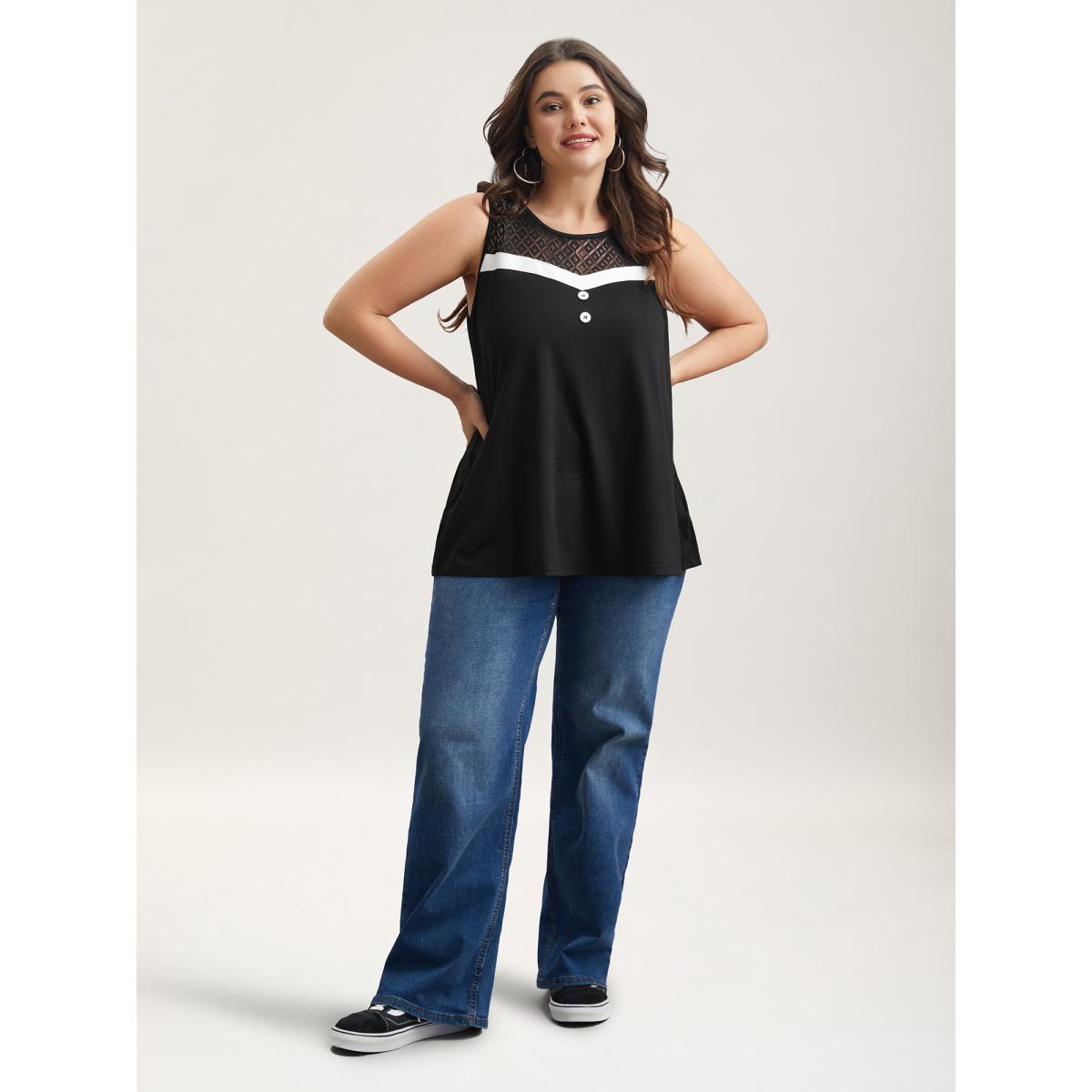Plus Size Sheer Lace Color Contrast Button Vest Women Black Casual See through Round Neck Everyday Tank Tops Camis BloomChic 28/5X Product Image