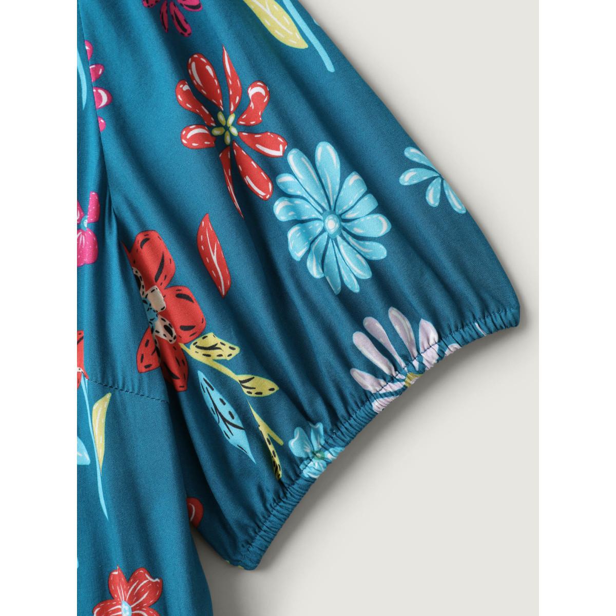 Plus Size Rayon Floral Print Midi Dress DarkBlue Women Notched collar Short sleeve Curvy BloomChic 10/M Product Image