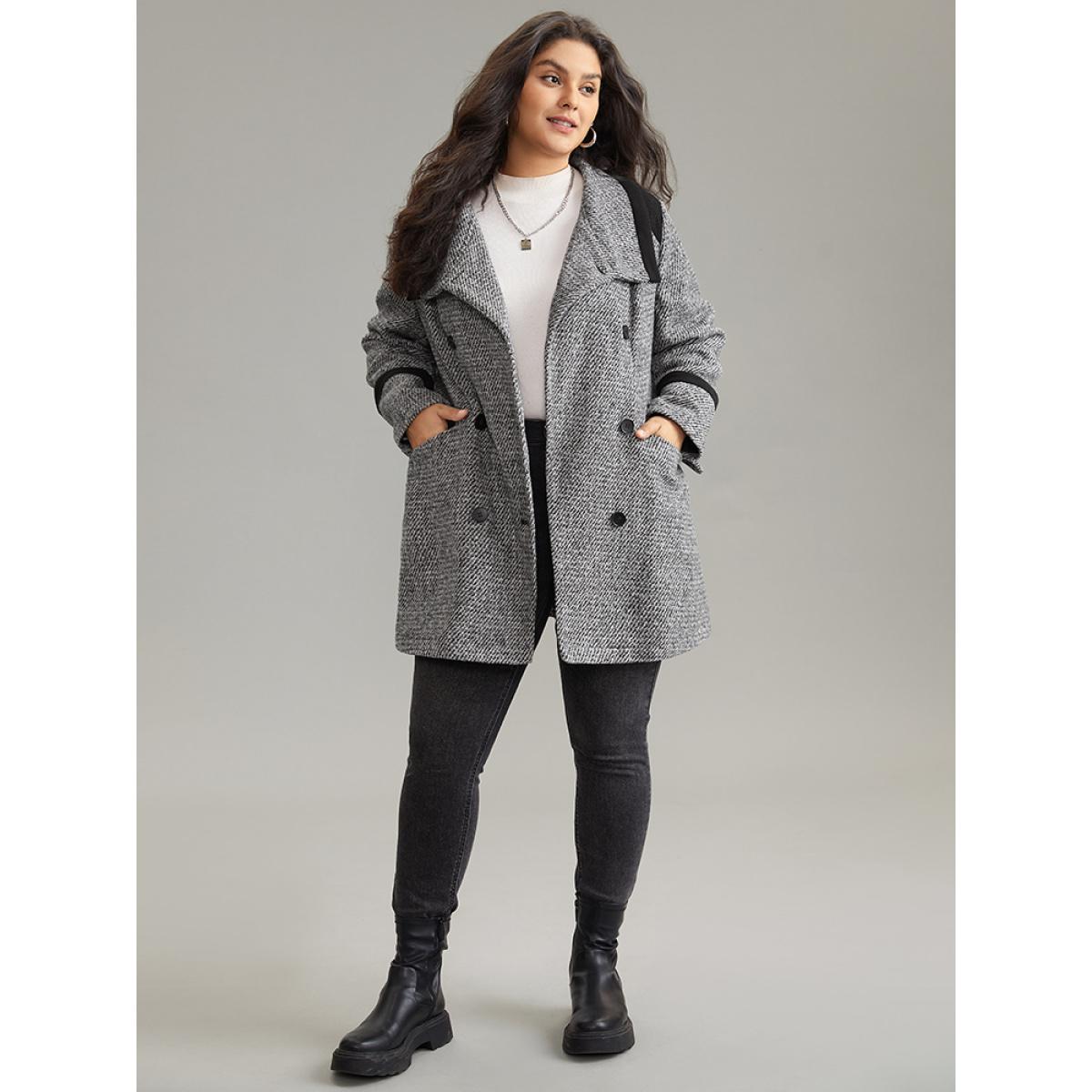 Plus Size Contrast Tweed Double Breasted Flap Pocket Coat Women DimGray Casual Lined Ladies Dailywear Winter Coats BloomChic 30/6X Product Image