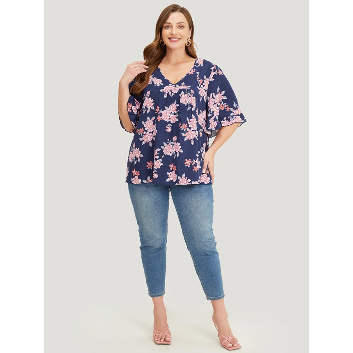 Plus Size Indigo Floral Printed Gathered Ruffle Sleeve Blouse Women Elegant Half Sleeve V-neck Dailywear Blouses BloomChic 14-16/1X Product Image