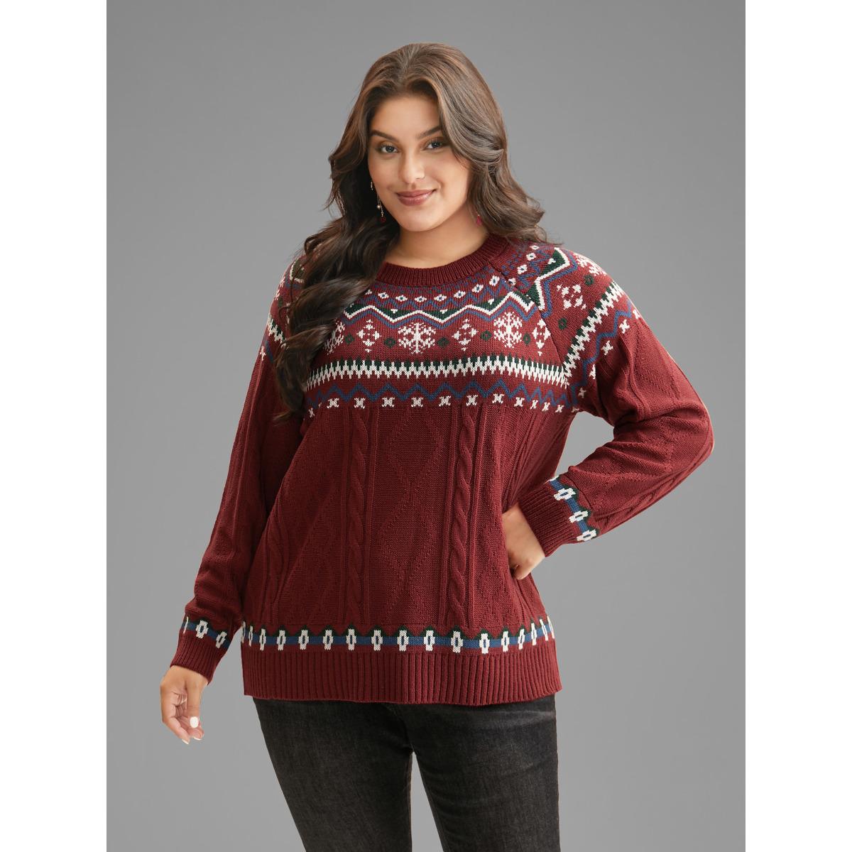 Plus Size Festive Fair Isle Cable Knit Pullover Deepred Women Leisure Loose Long Sleeve Round Neck Casual Pullovers BloomChic 12/L Product Image