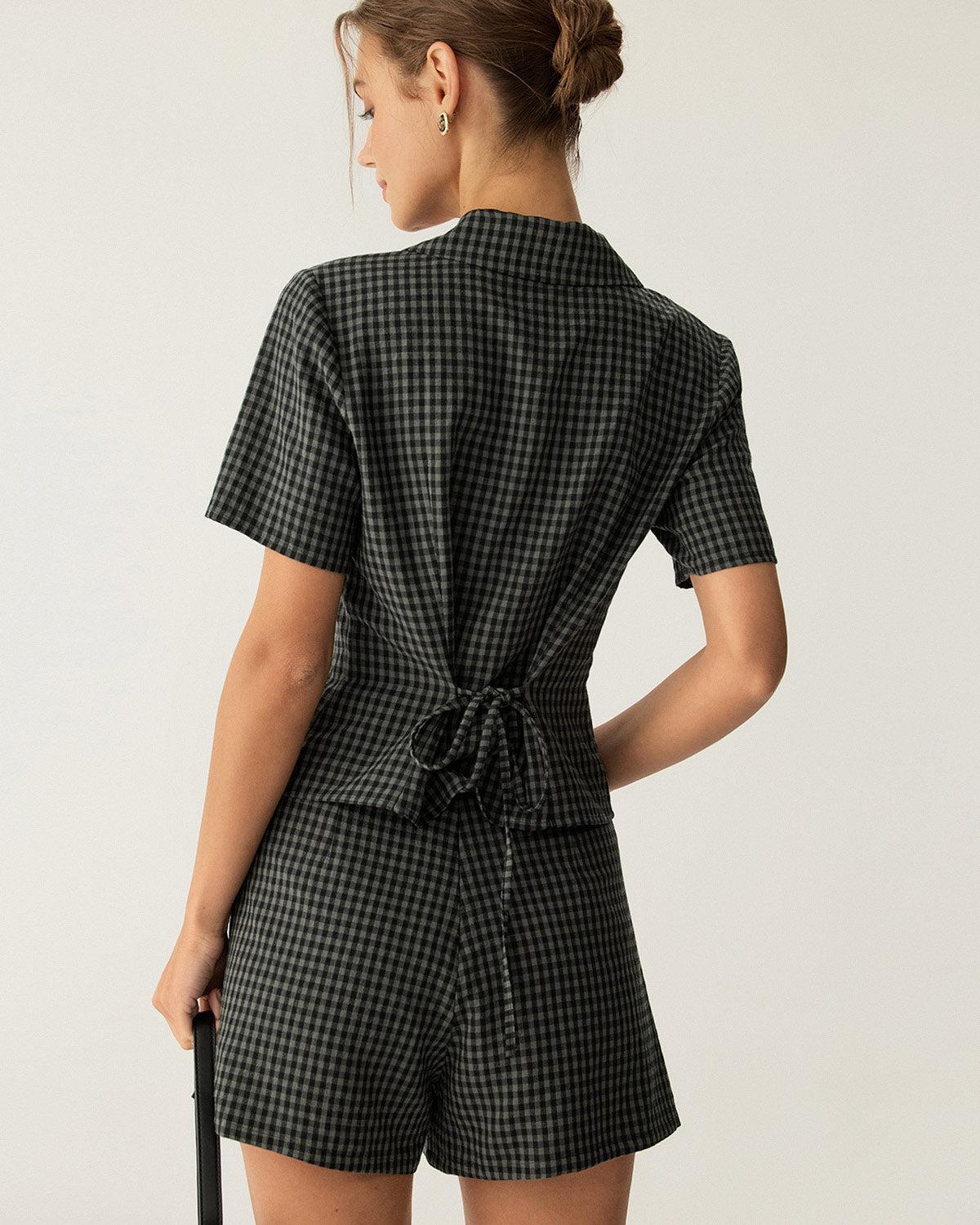 Grey Lapel Plaid Short Sleeve Blouse Product Image