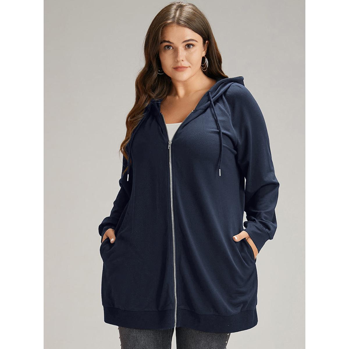 Plus Size Plain Zipper Hooded Drawstring Pocket Sweatshirt Women DarkGreen Casual Plain Hooded Dailywear Sweatshirts BloomChic 26/4X Product Image