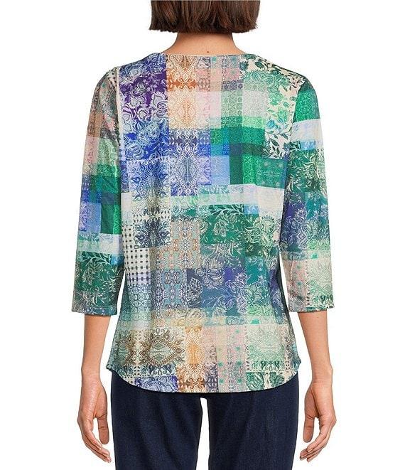Allison Daley Petite Size Embellished Deep Forest Flowering Plaid Print 3/4 Sleeve Crew Neck Knit Top Product Image