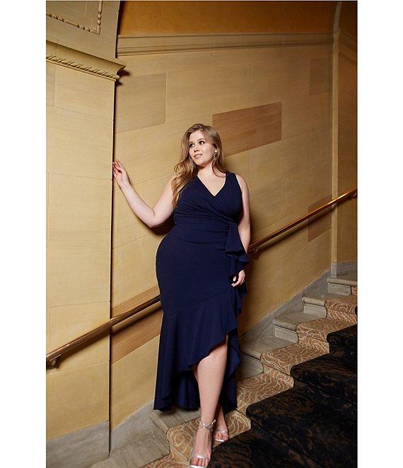 Betsy & Adam Plus Size Sleeveless V-Neck Cascade Ruffle Scuba Crepe Gown Product Image