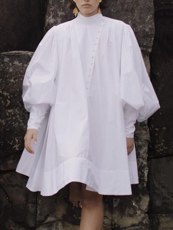 Long Sleeves Loose Buttoned Solid Color Stand Collar Mini Dresses Shirt Dress Product Image
