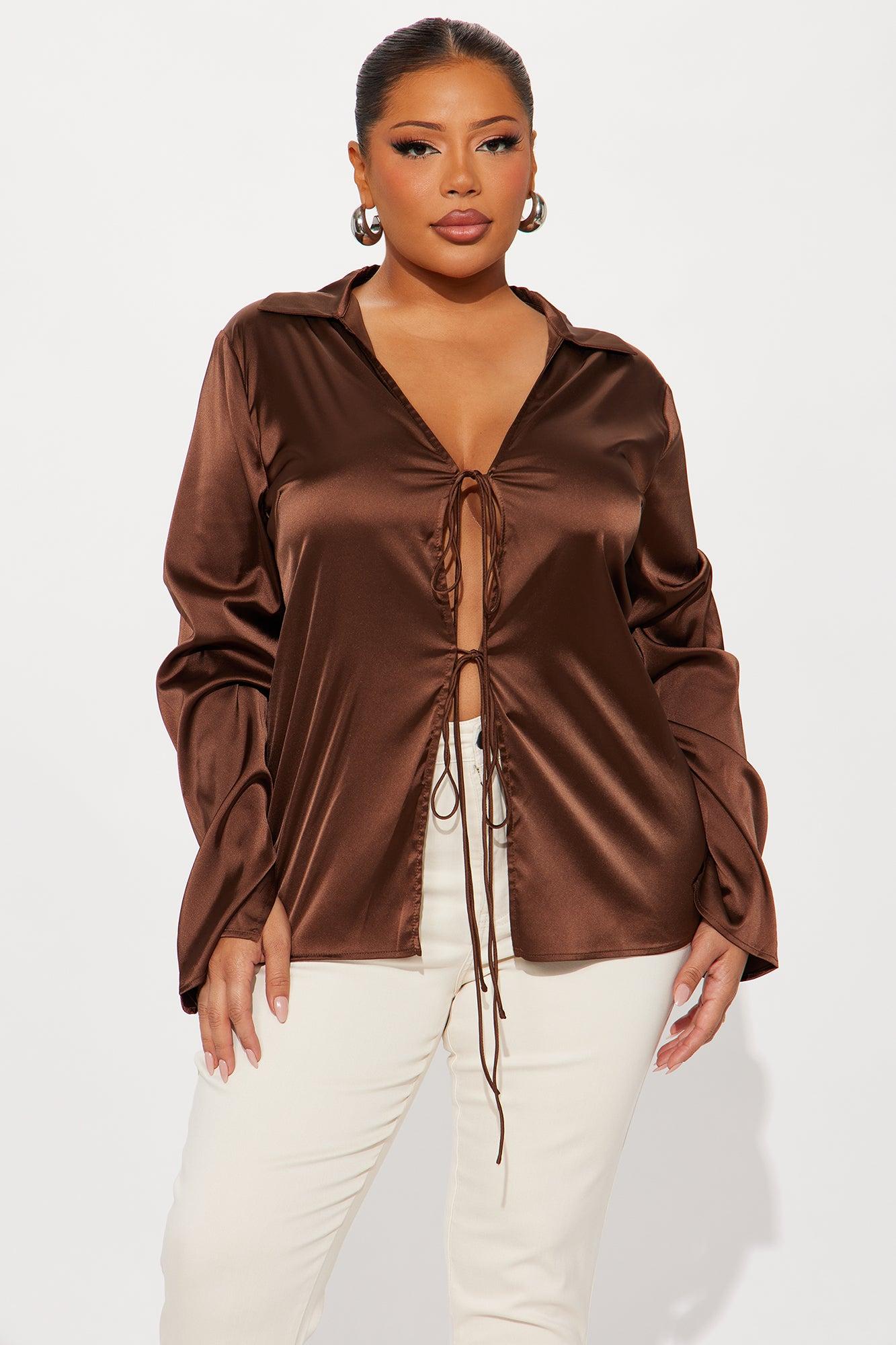 Satin Effect Tie Front Flyaway Top - Chocolate Female Product Image