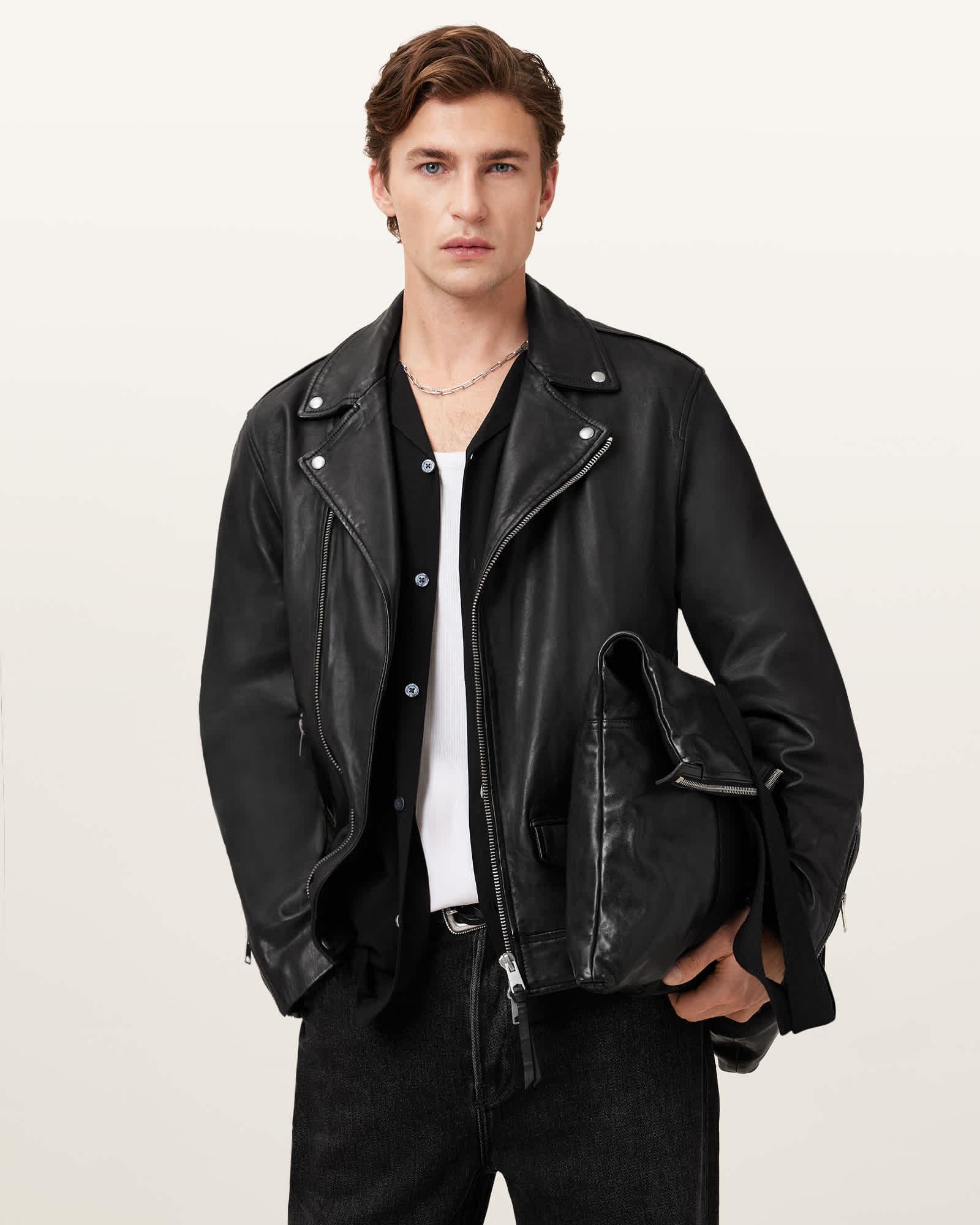 Milo Asymmetric Zip Leather Biker Jacket Black | ALLSAINTS US Product Image