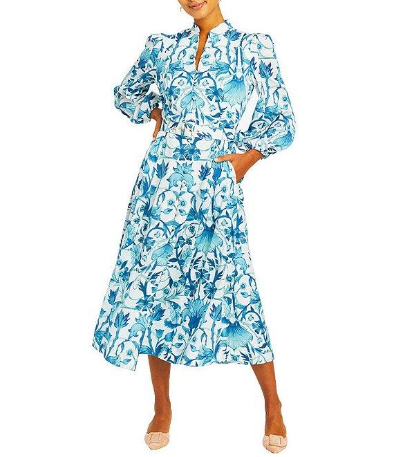 Mestiza New York Valencia Twill Split V-Neck Mandarin Collar 3/4 Balloon Sleeve Belted Midi A-Line Dress Product Image