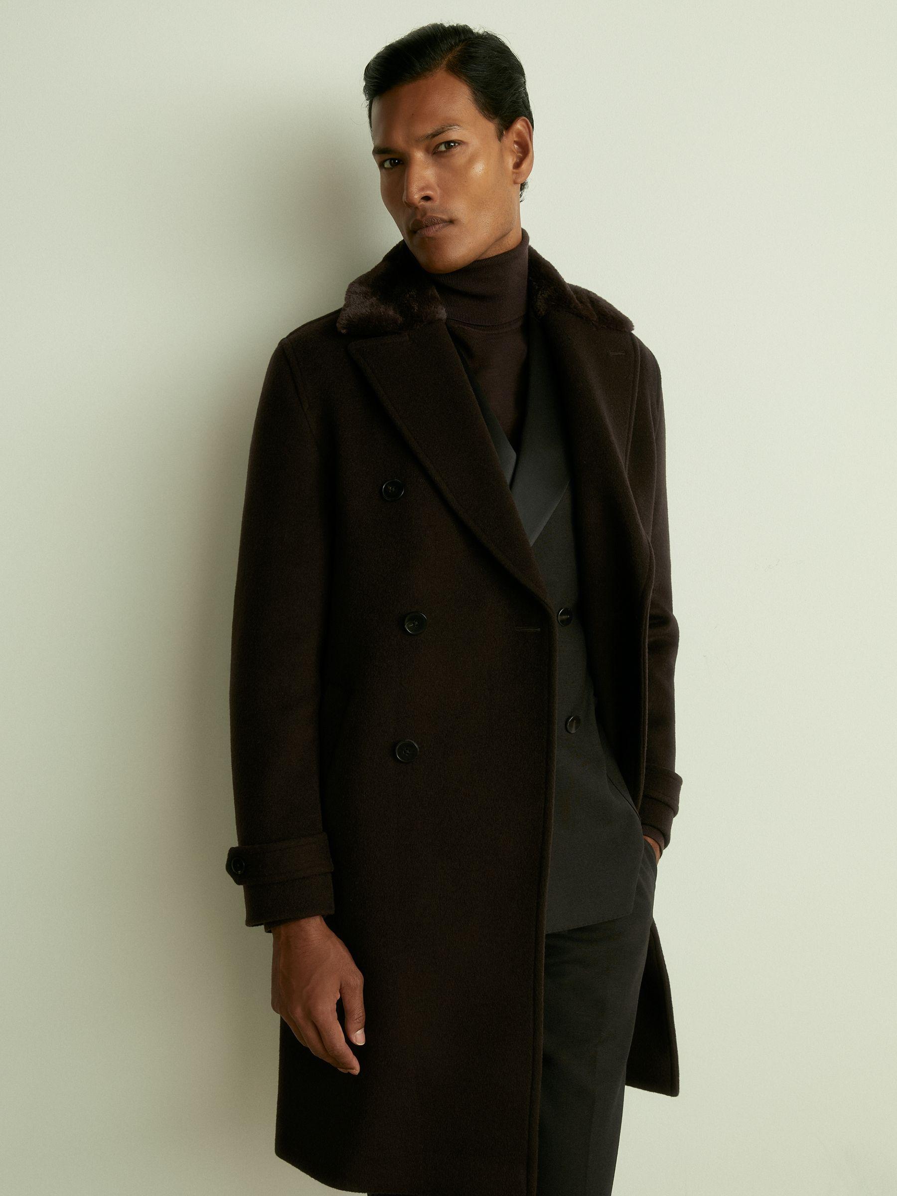 Wool-Blend Faux-Fur Collar Overcoat in Brown Product Image