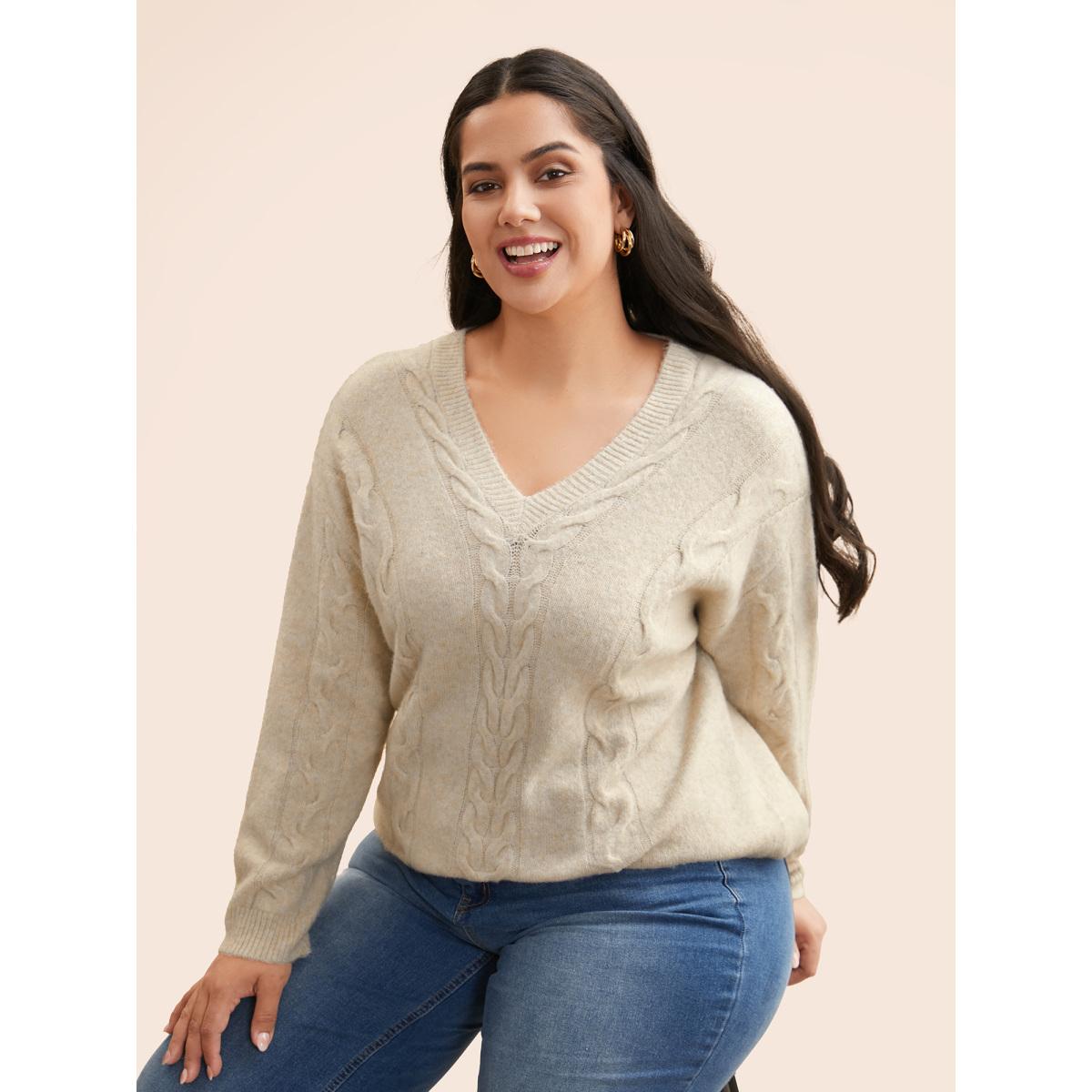 Plus Size Supersoft Essentials Solid Cable Knit Puff Sleeve Pullover Apricot Women Casual Long Sleeve V-neck Everyday Pullovers BloomChic 22-24/3X Product Image