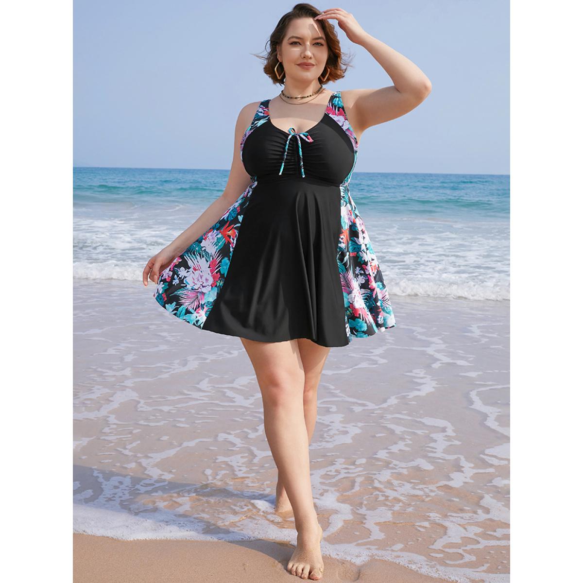 Plus Size Tropical Contrast Drawstring Ruched Ruffles Swim Dress Women's Swimwear Black Vacation Bodycon V-neck High stretch Curve Swim Dresses BloomChic 10/M Product Image